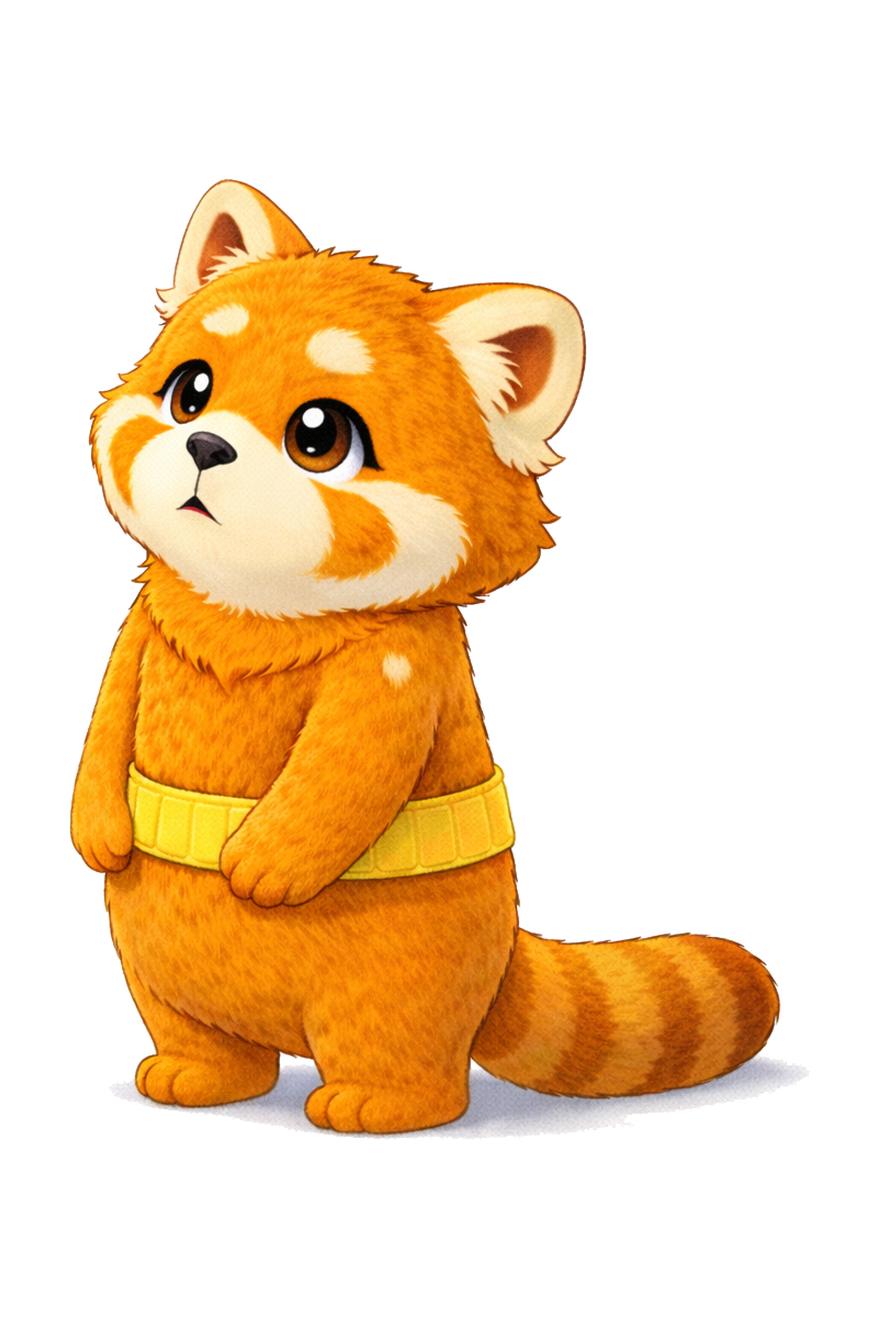 黄色いメジャーを巻いたレッサーパンダ